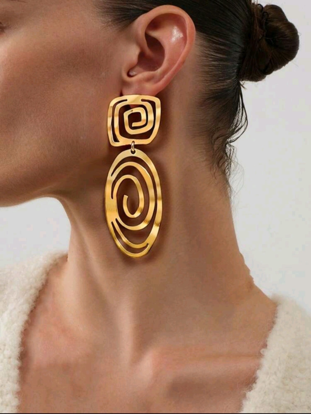 Large Geometric Gold Swirl Drop Earrings – Abstract Spiral Statement Jewelry