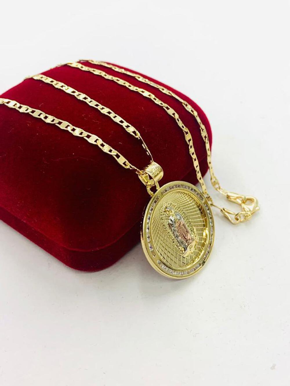14K GOLD F VIRGEN DE GUADALUPE NECKLACE 24″ MEN’S CADENA DE GUADALUPE TRES OROS