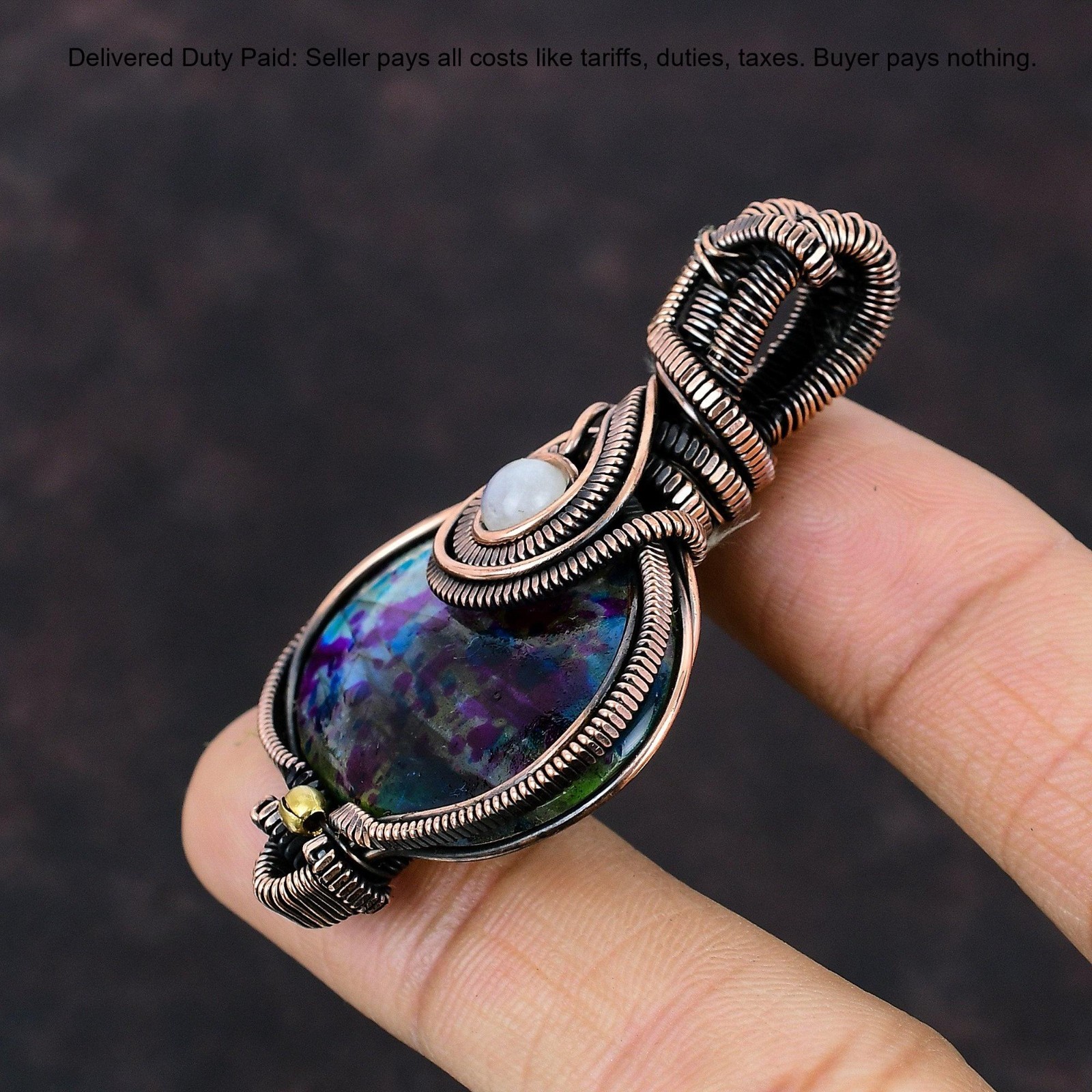 Oval Multi Fire Labradorite Stone Rainbow Moonstone Copper Boho Pendant Jewelry