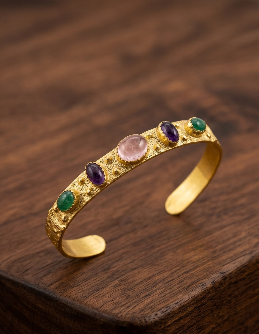 Brass Vintage Gold Color Cuff Bracelet Multi Gemstone Adjustable Women’s Bangle
