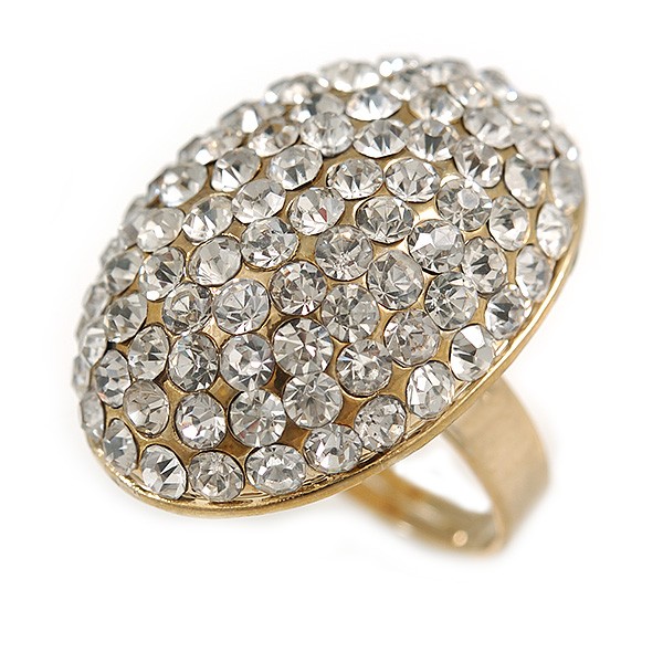 30mm Dome Shape Crystal Ring In Gold Tone Metal/ Clear/ Size 7/8 Adjustable