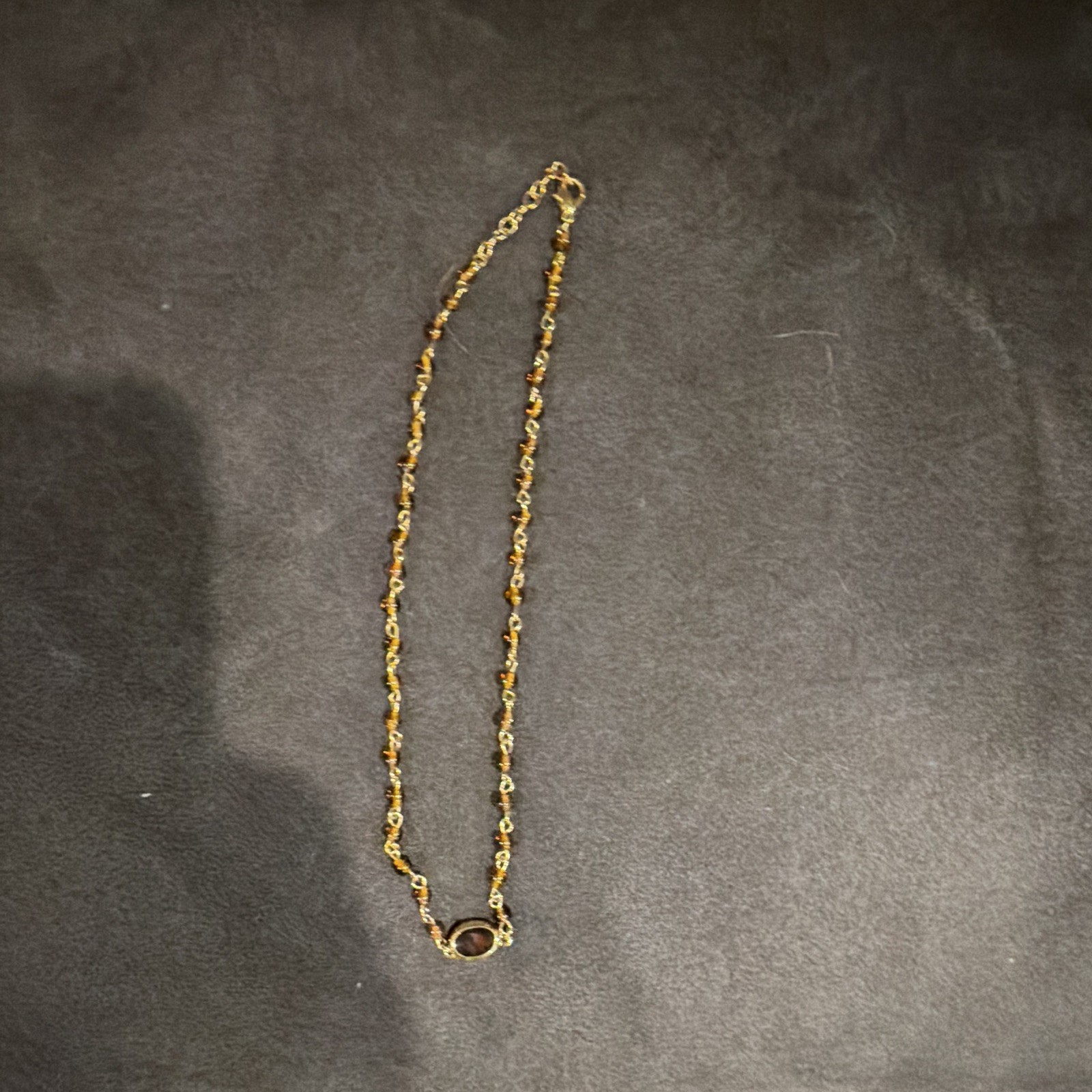 Gold Tone Brown Beaded Oval Charm Pendant Cable Chain Necklace Lobster 12-18″