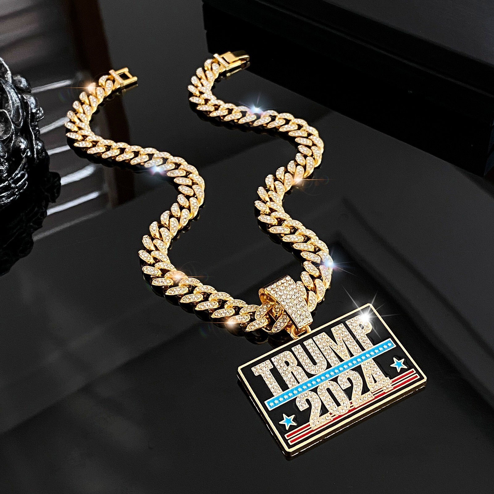 Trump 2024 GEM NECKLACE Gold/Silver Bling Hip Hop Pendant & 24” Chain MAGA