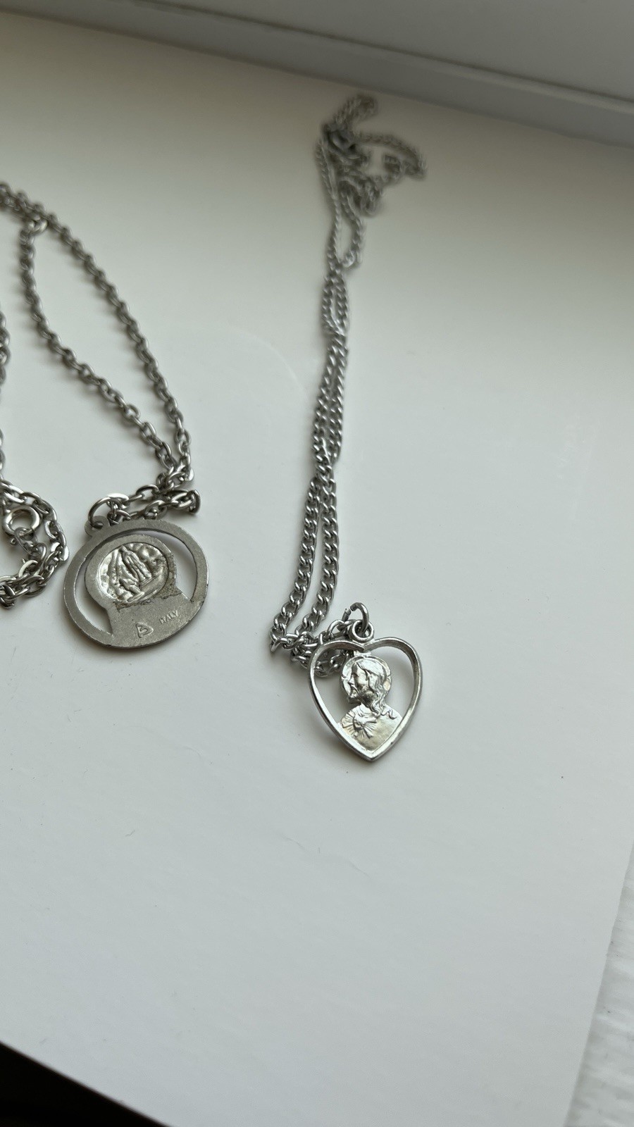 Vintage Italy Catholic Miraculous Medal Heart Sacred Heart Jesus Necklace Lot 2p