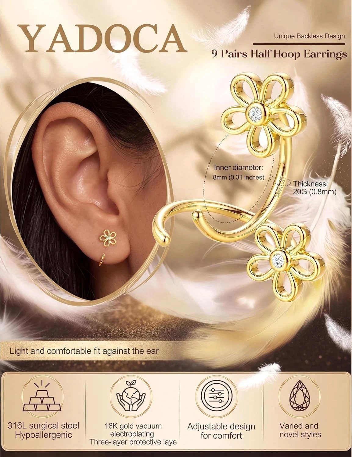 Half Hoop Huggie Earrings for Women Gold Silver Plated Ardant Backless Earrings