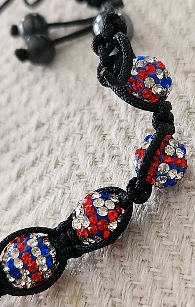 UK United Kingdom Flag Macrame Adjustible Bracelet ~ Crystal Pave Ball Beads