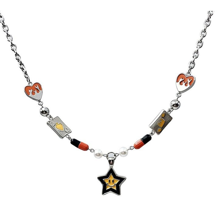 Silver Charm Necklace Star Smile Heart Card Pillar Bead Imitation Pearl Jewelry