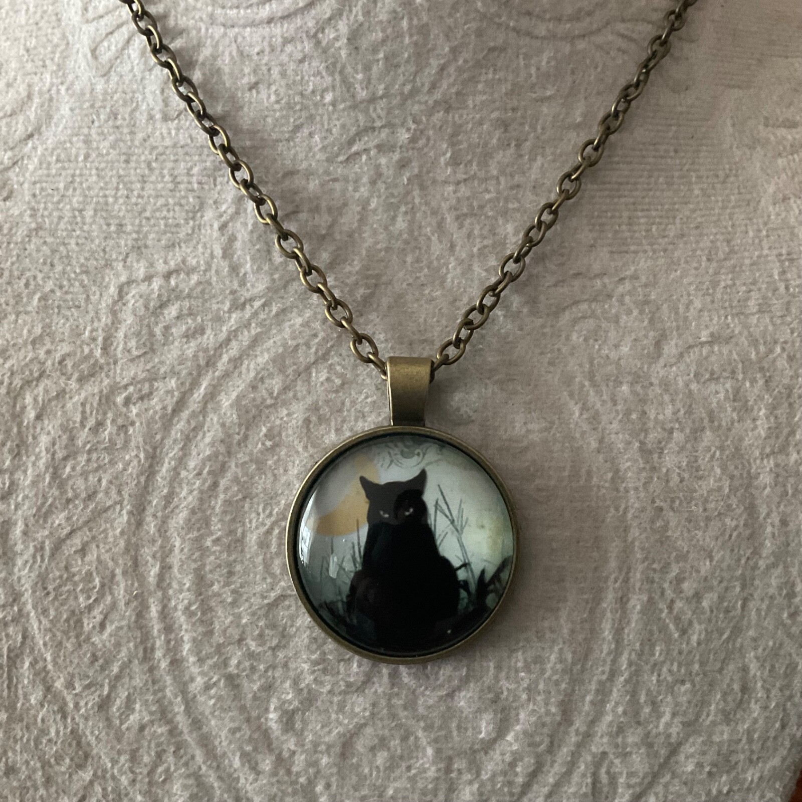 Halloween Black Cat Pendant Necklace Bronze Tone 23” Chain