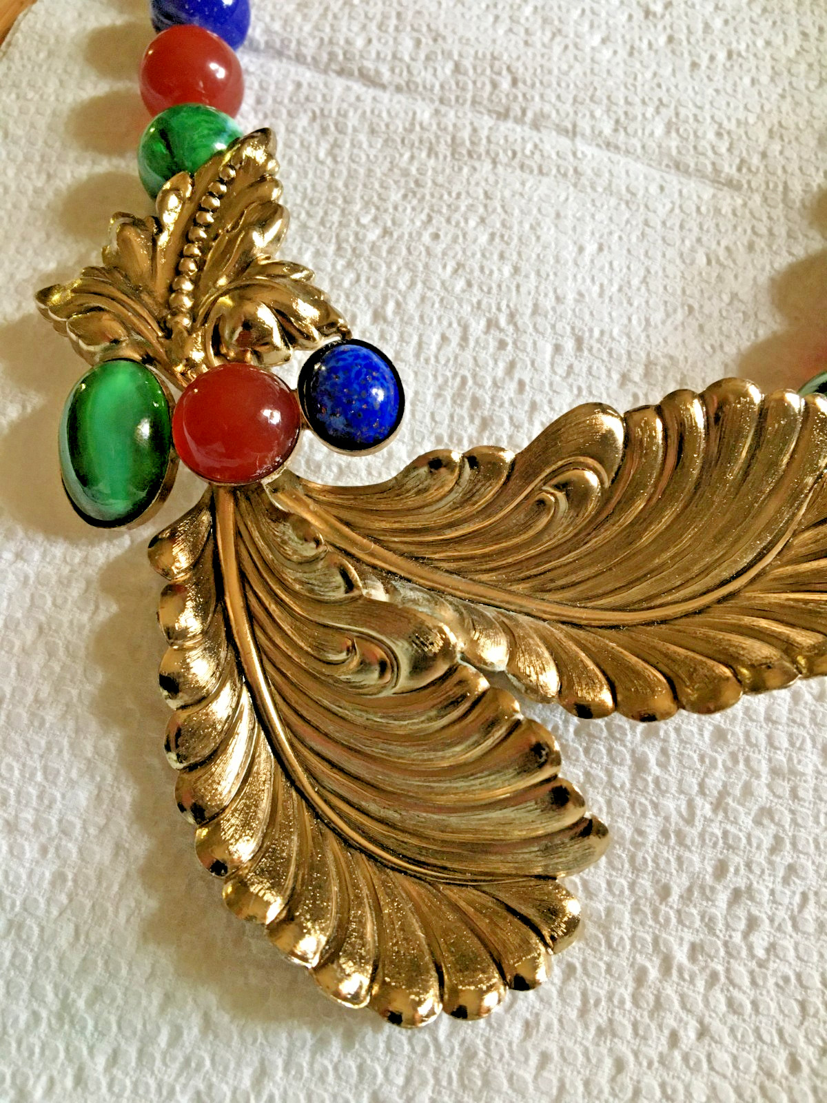 Ornate 18″ Necklace Golden + Stamped Metal Feathers? + Drilled Glass Beads