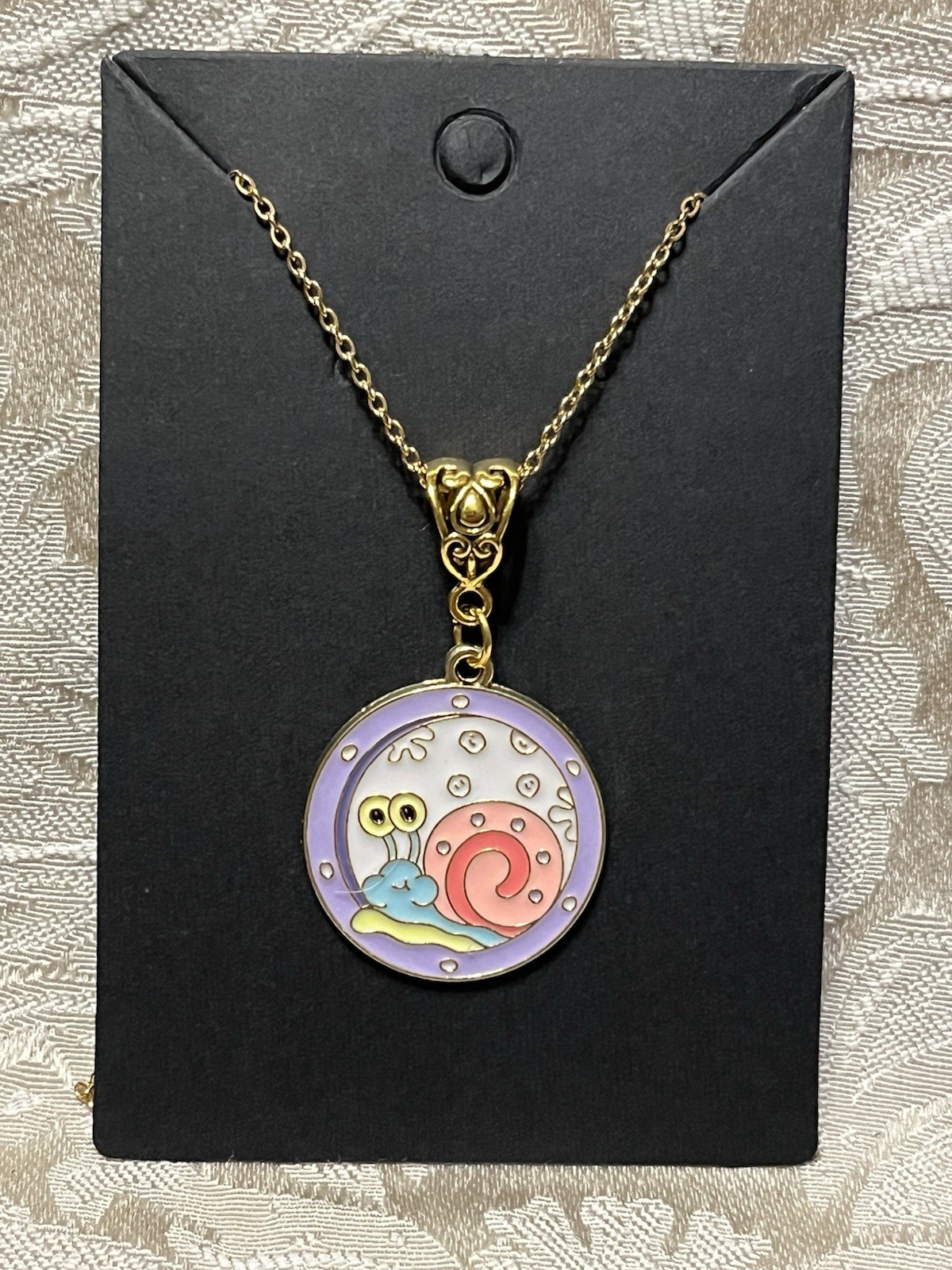 Gary The Snail Sponge Cartoon Enamel Pendant Gold 18” Necklace Novelty