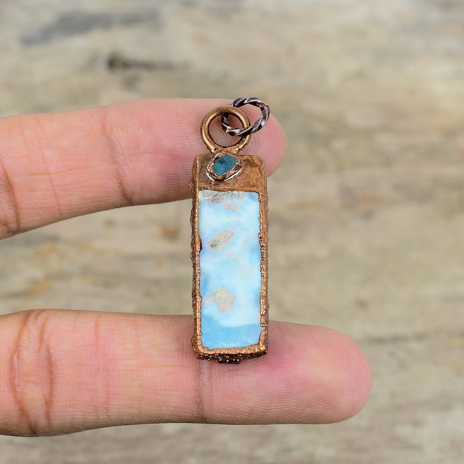 Copper Larimar Stone Blue Chalcedony Rough Sister Electroformed Pendant Jewelry