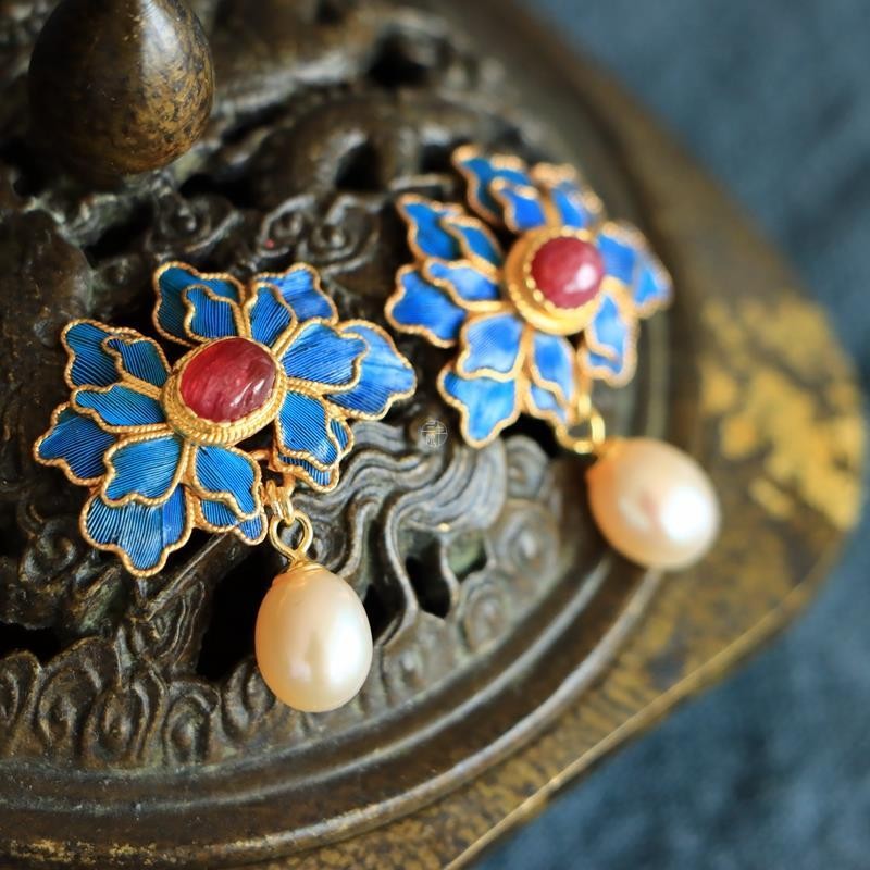 Enamel Peony Earrings Retro Style Drop Dangle Jewelry Chinese Hanfu Accessory