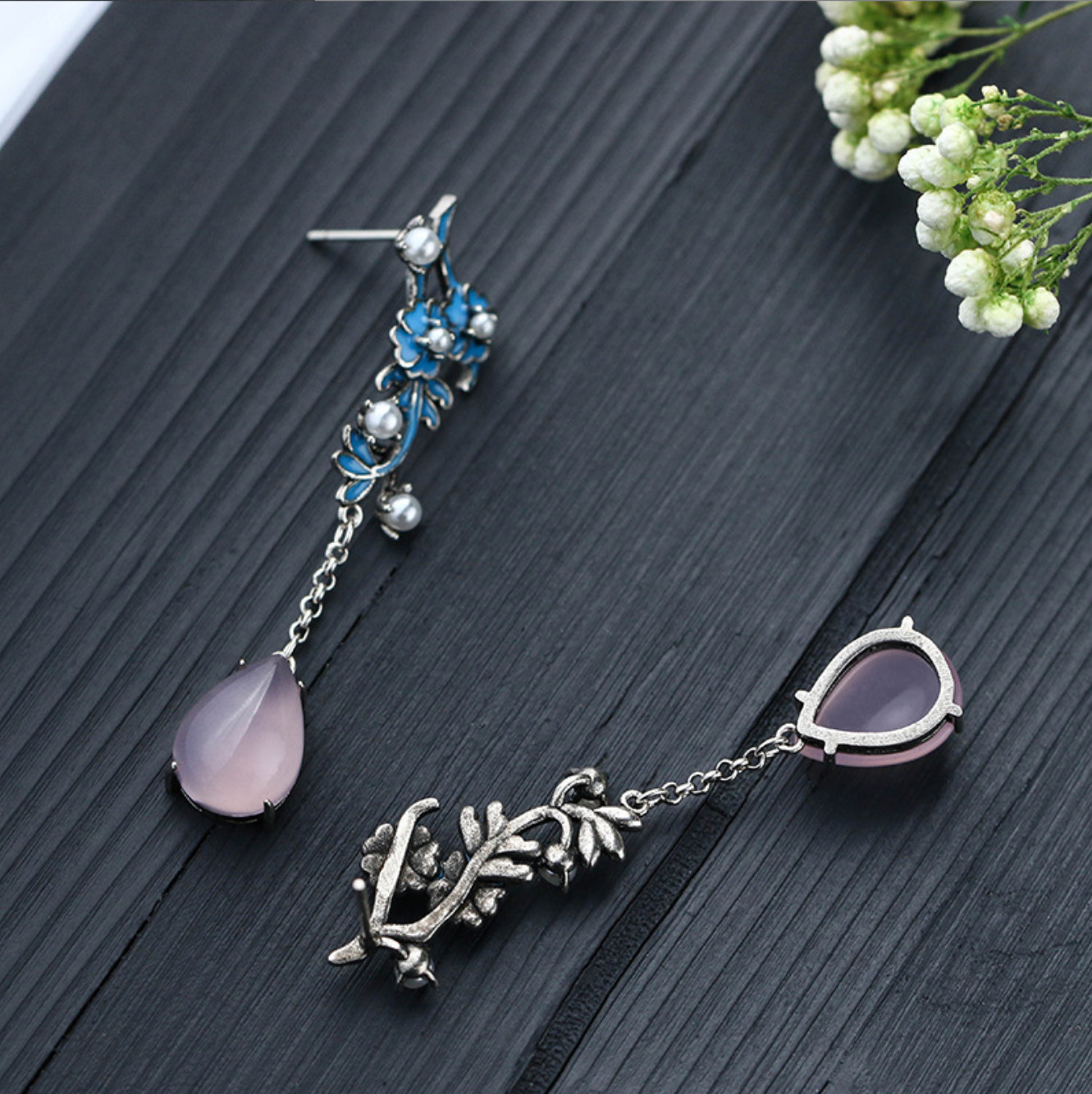 Jade Bohemian Retro Flowers Earrings Drop Dangle 18K White Gold Plated Gemstone