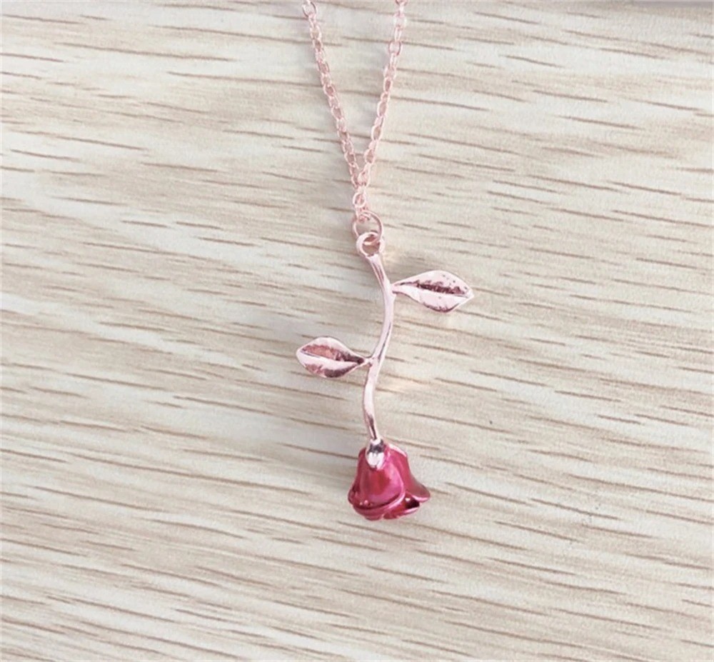 3D Rose Flower Pendant Necklace Beauty and the Beast Charm Boho Jewelry Gift Her
