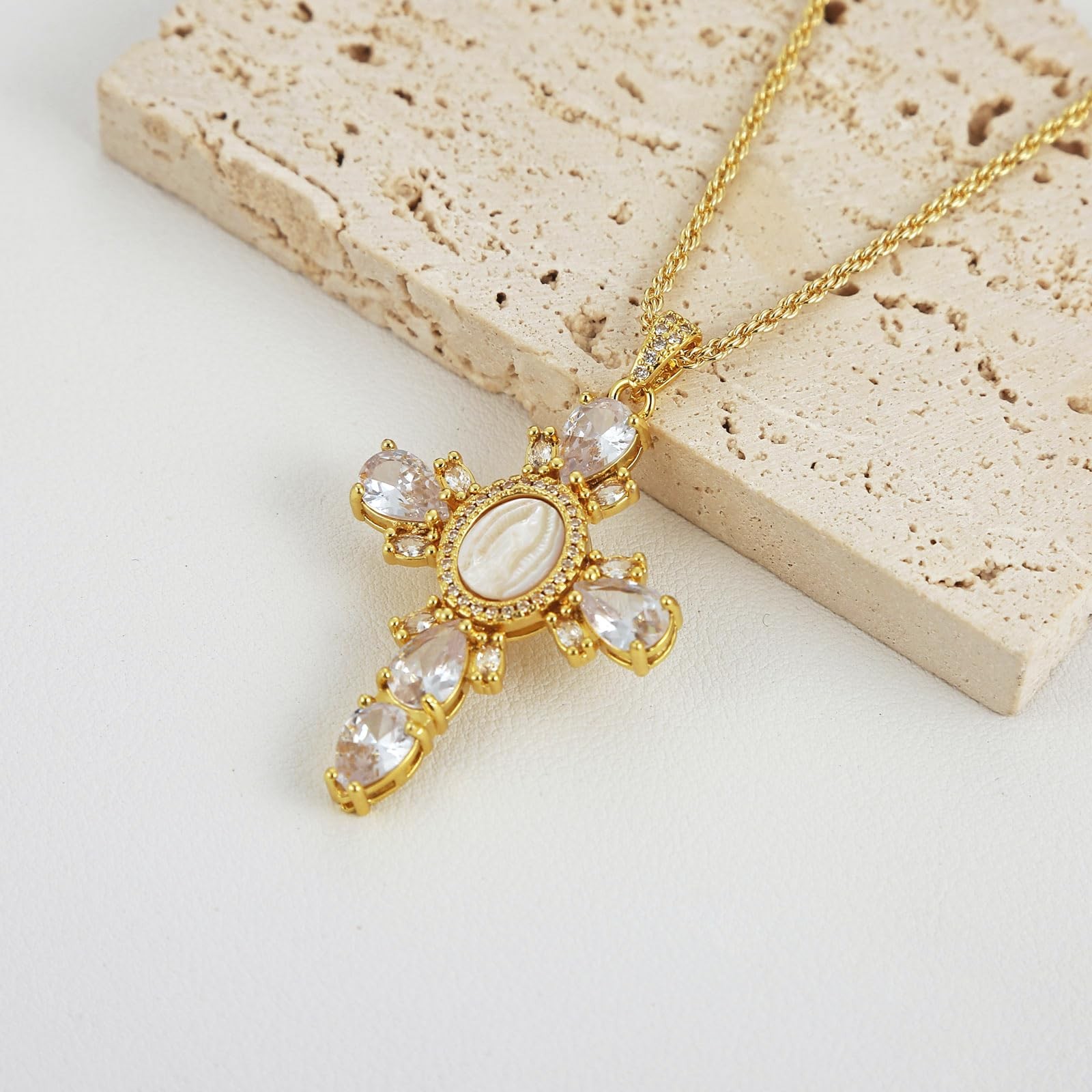 HZMAN Gold Cross Necklace for Women 18K Plated 4.6 cm x 3.1 cm, Silver