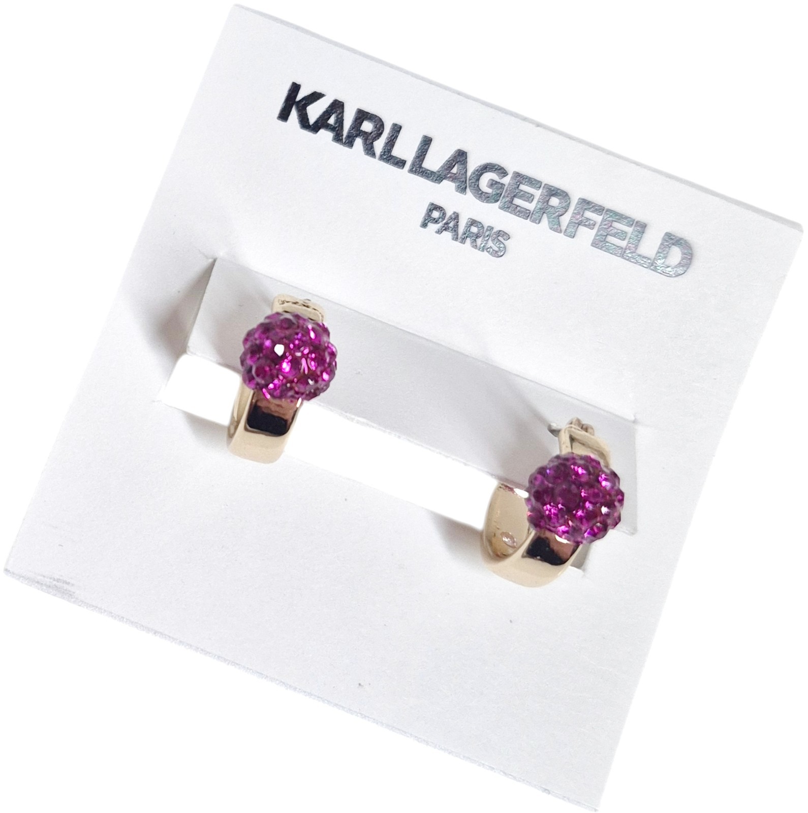 Karl Lagerfeld Small Pave Fireball Huggie Hoop Earrings Pink Gold Plated New