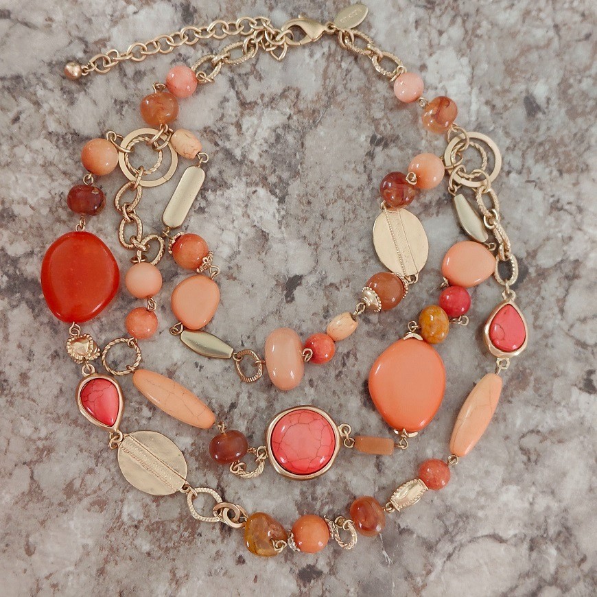 Chico’s Chunky 3 Strand Statement Necklace Coral Orange Gold Tone Boho