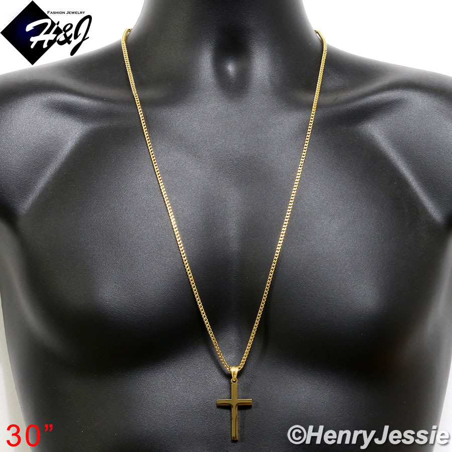 30″Stainless Steel 2mm Gold Plated Franco Box Curb Necklace Cross Pendant*G29