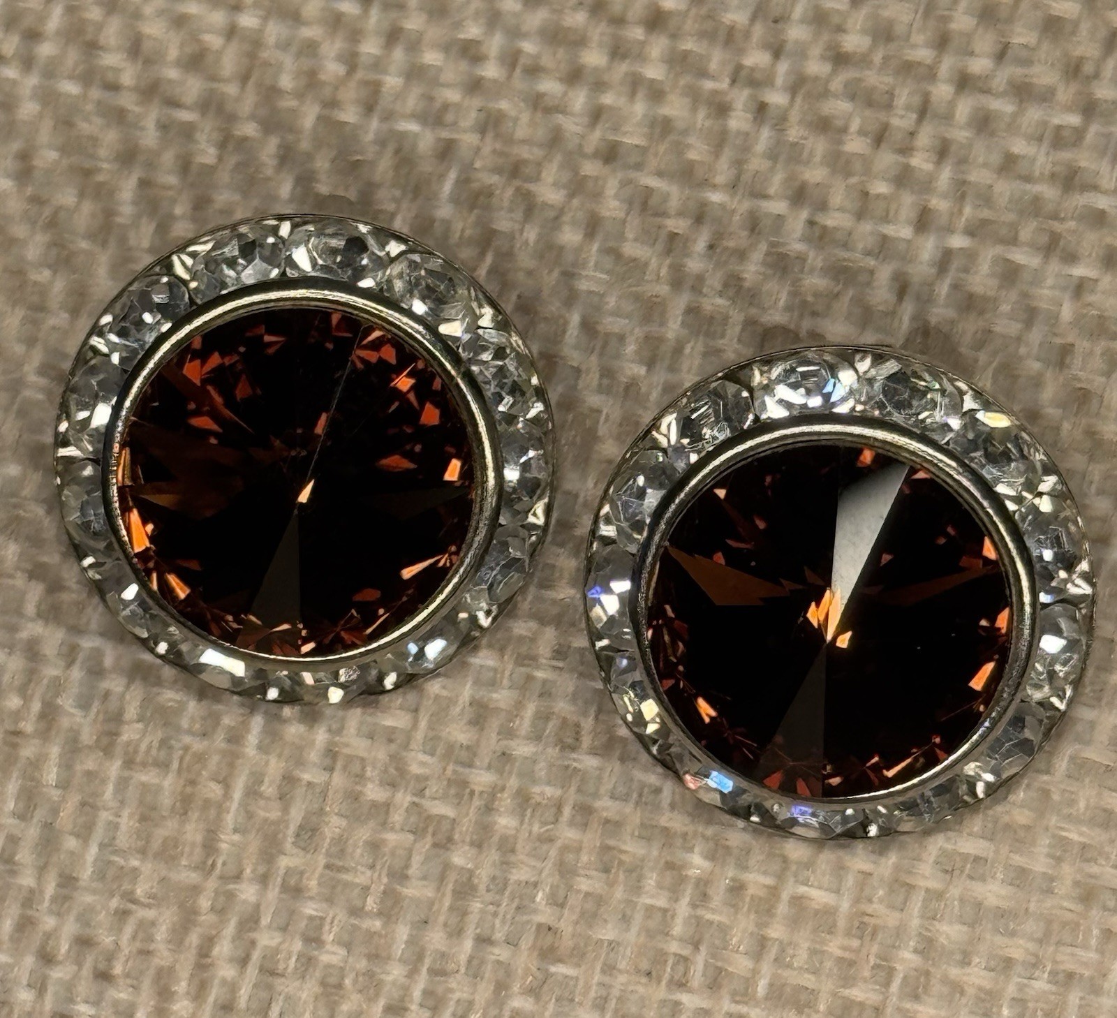 Vintage Round Brownish Amber Crystal Halo Clip-On Stud Earrings Silver Tone 1 in