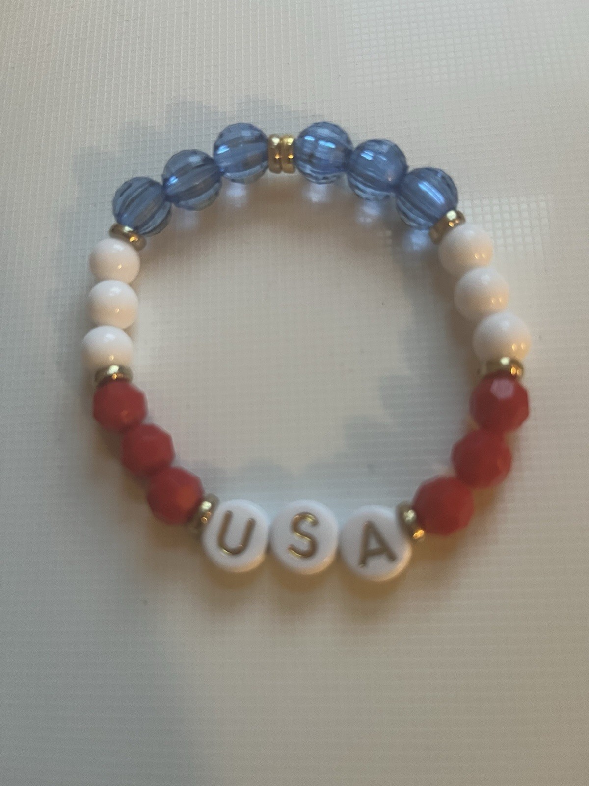 Red White & Blue Plastic Beaded Stretch Bracelet, Sizable, USA Letter, No Stone