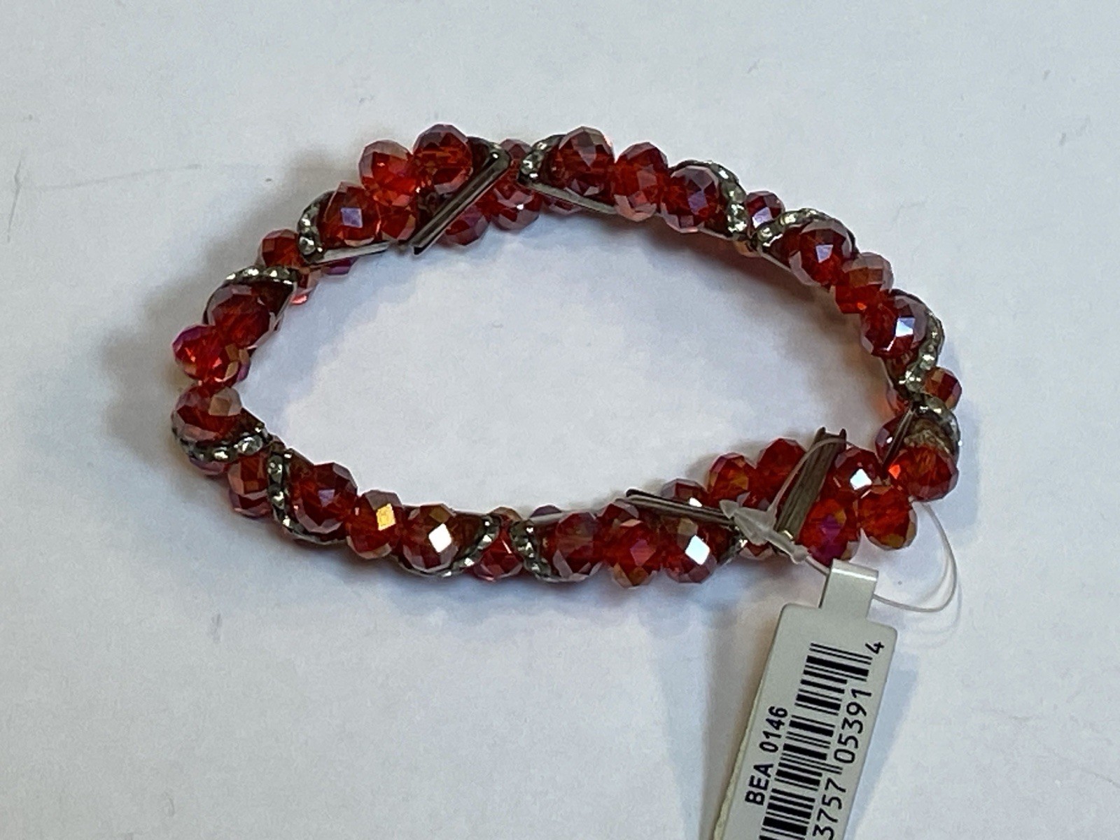 Nicole New Red Beads Silver Metal Rhinestones Bracelet Elastic Stretch Womens 7″