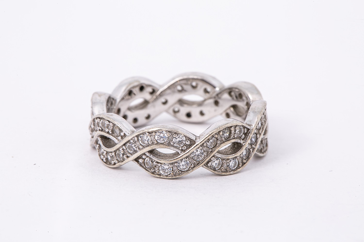 Cubic Zirconia Pave Infinity Twisted Eternity Band 925 Sterling Silver Ring