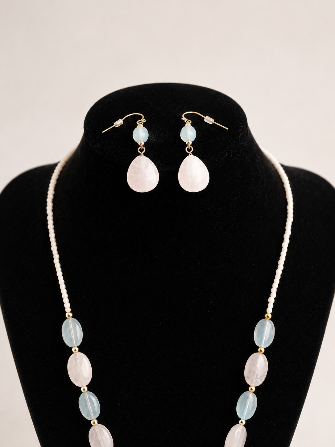 Gold Tone Necklace & Earrings Set Pink Teardrop Pendant Adjustable