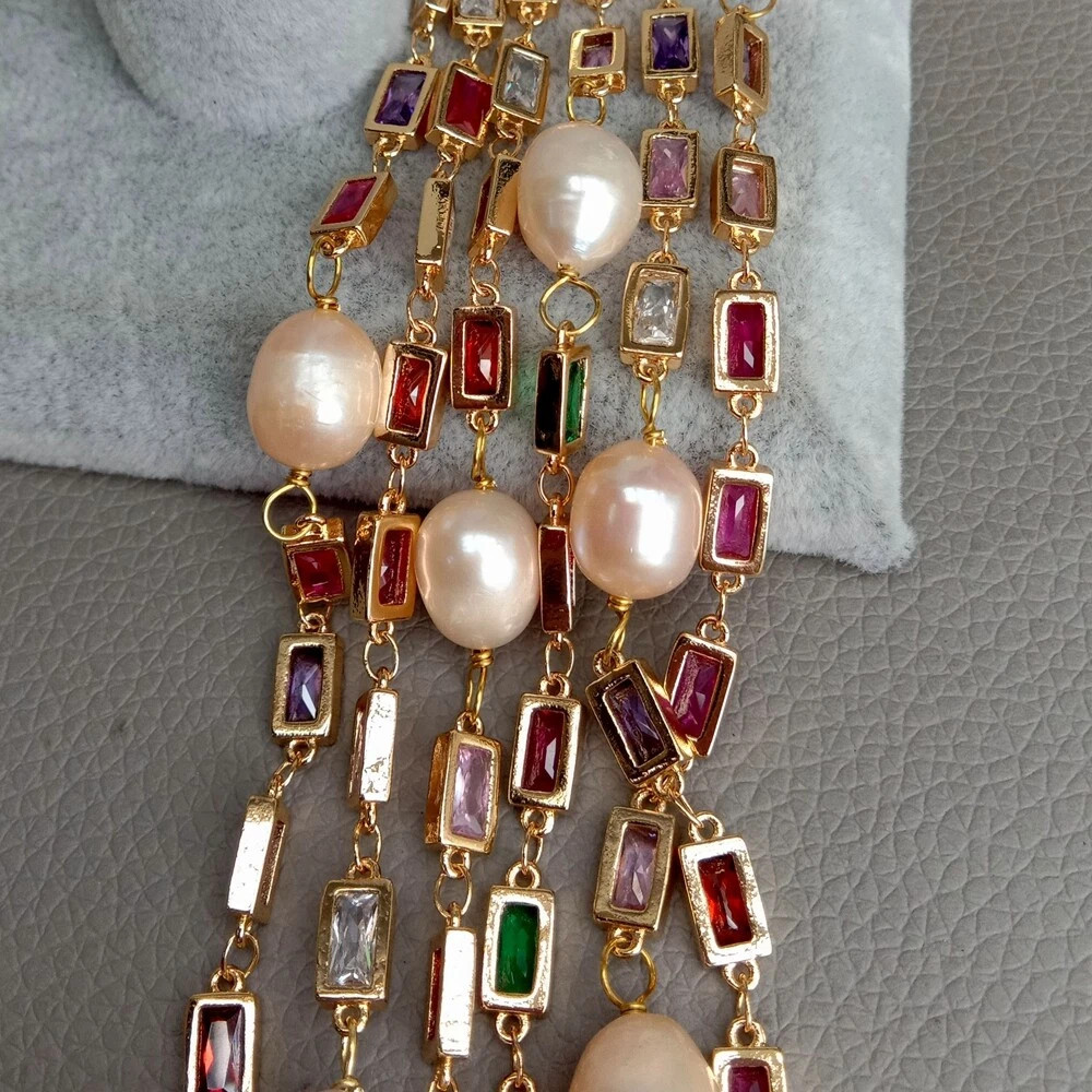 1Pcs Freshwater Baroque Pearl Mixed Color Rectangle Cz Pave Long Chain Necklace