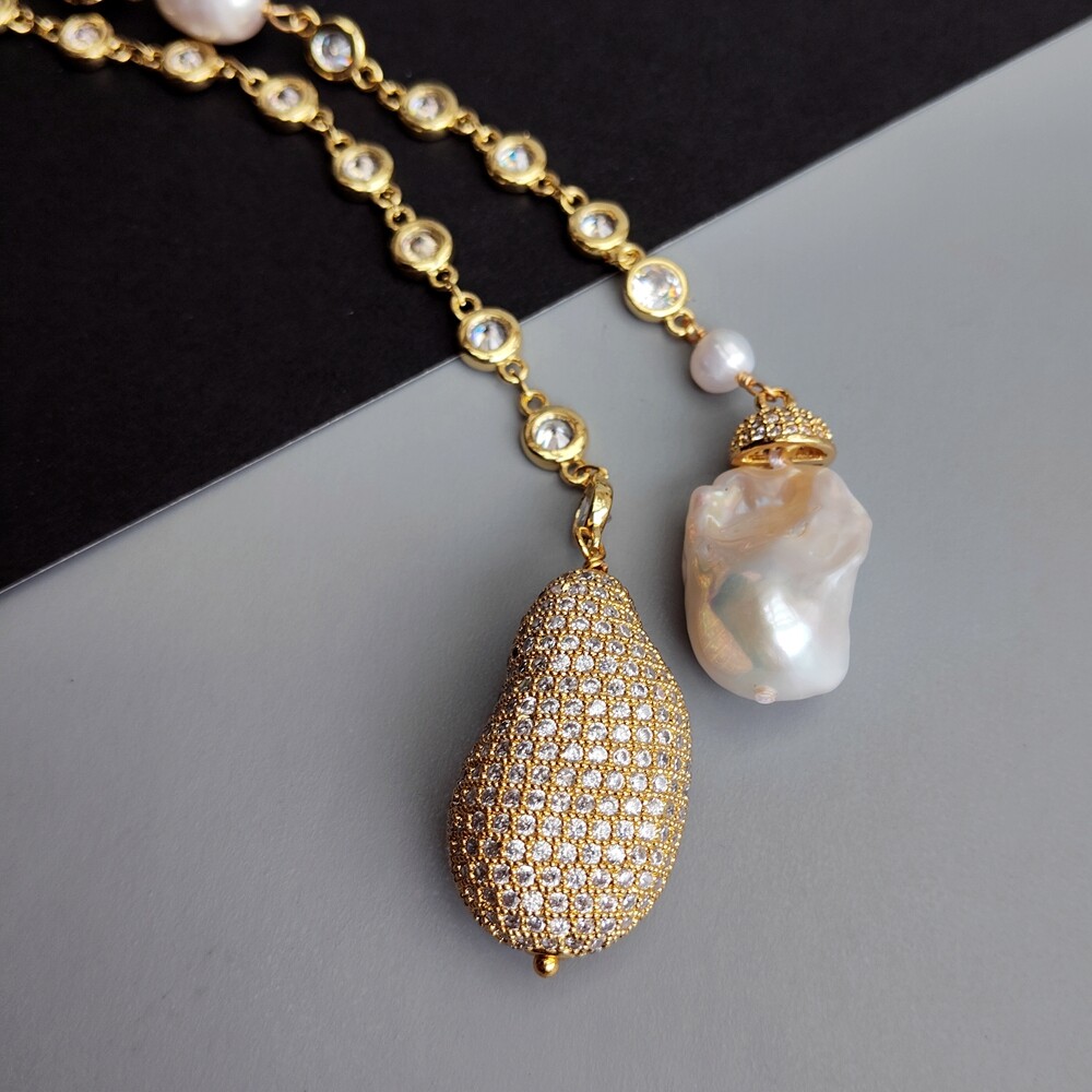 47″ 7mm White Baroque Pearl Cz Pave Rosary Chain Loop Long Necklace