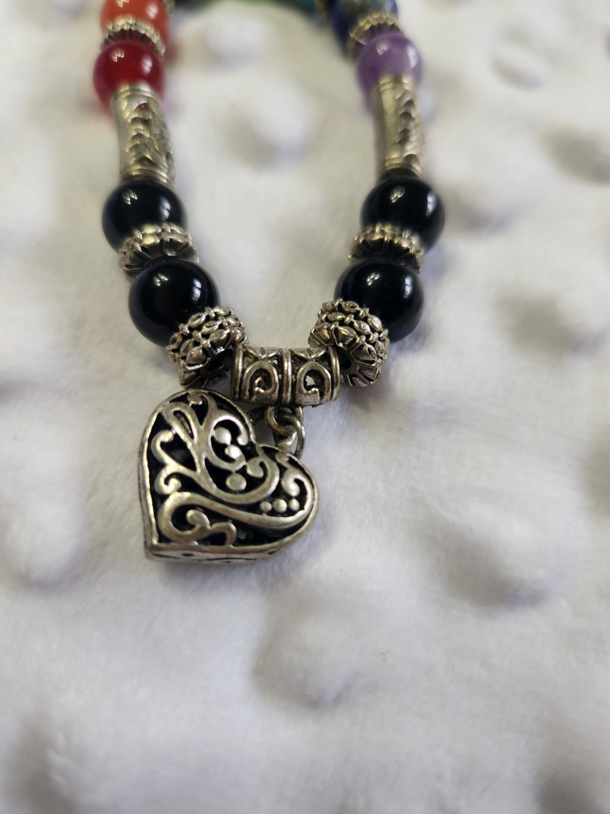 Chakra Stone Meditation Bracelet Filigree Heart Charm Stretch Semi-Precious