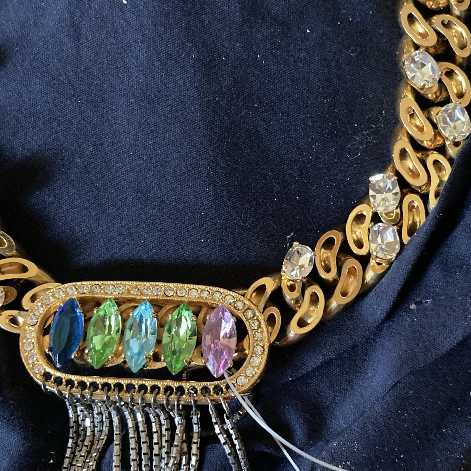 Gold Tone Multicolor Marquise Crystal Tassel Fringe Statement Link Necklace