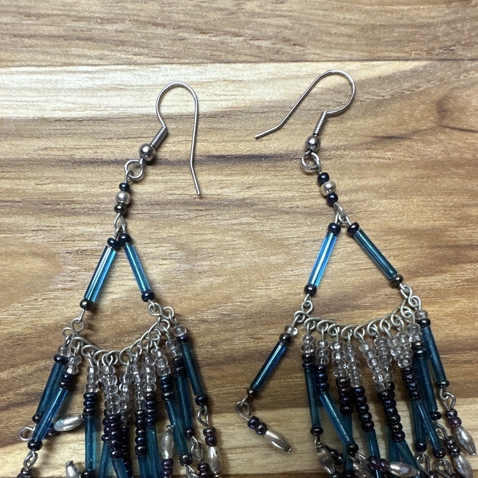 Handmade Blue Glass Tube Beaded Triangle Dangle Hook Earrings, Silver Tone