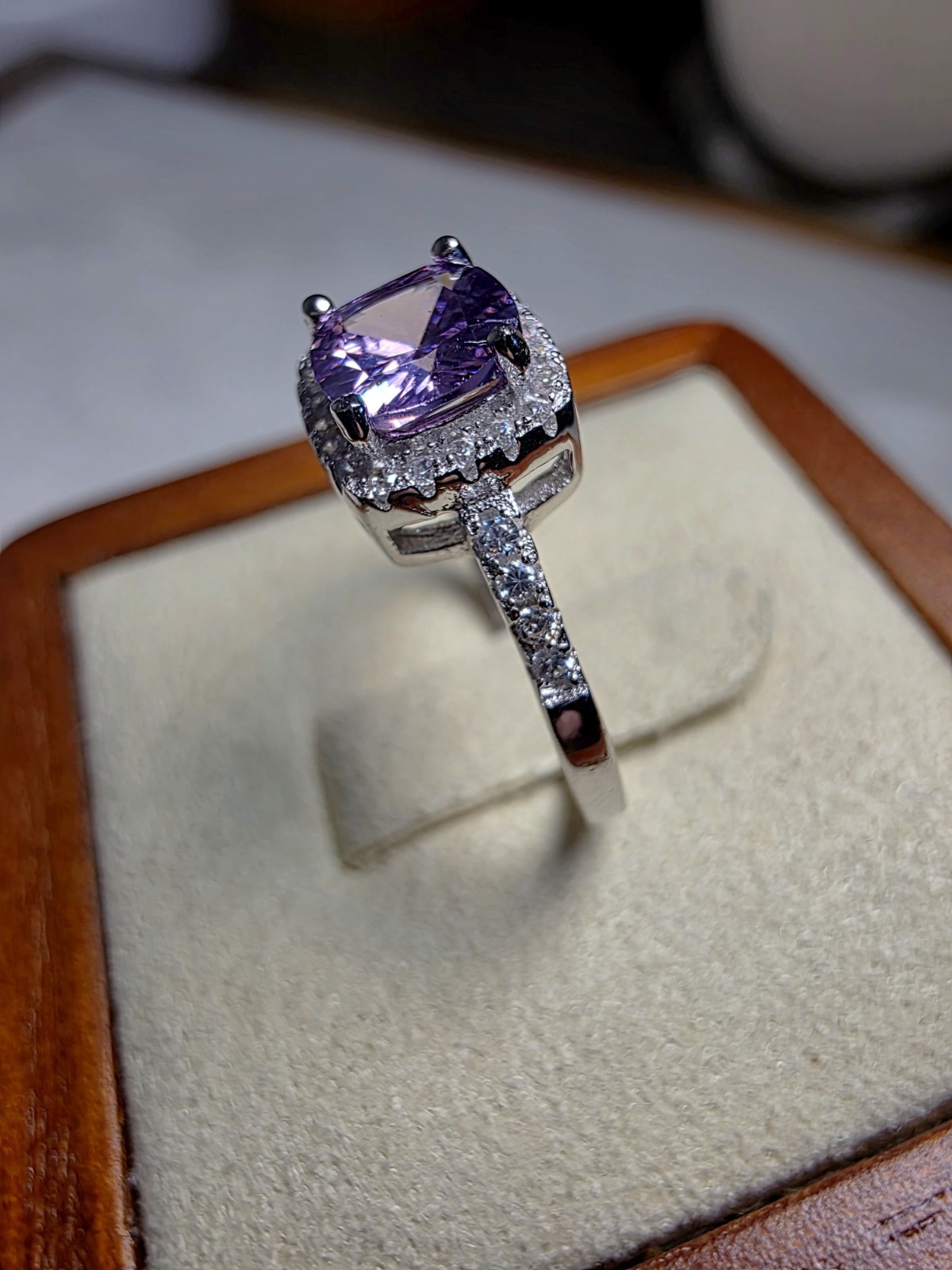 S6 Cushion Purple Amethyst Halo Moissanite Ring 925 Sterling Silver