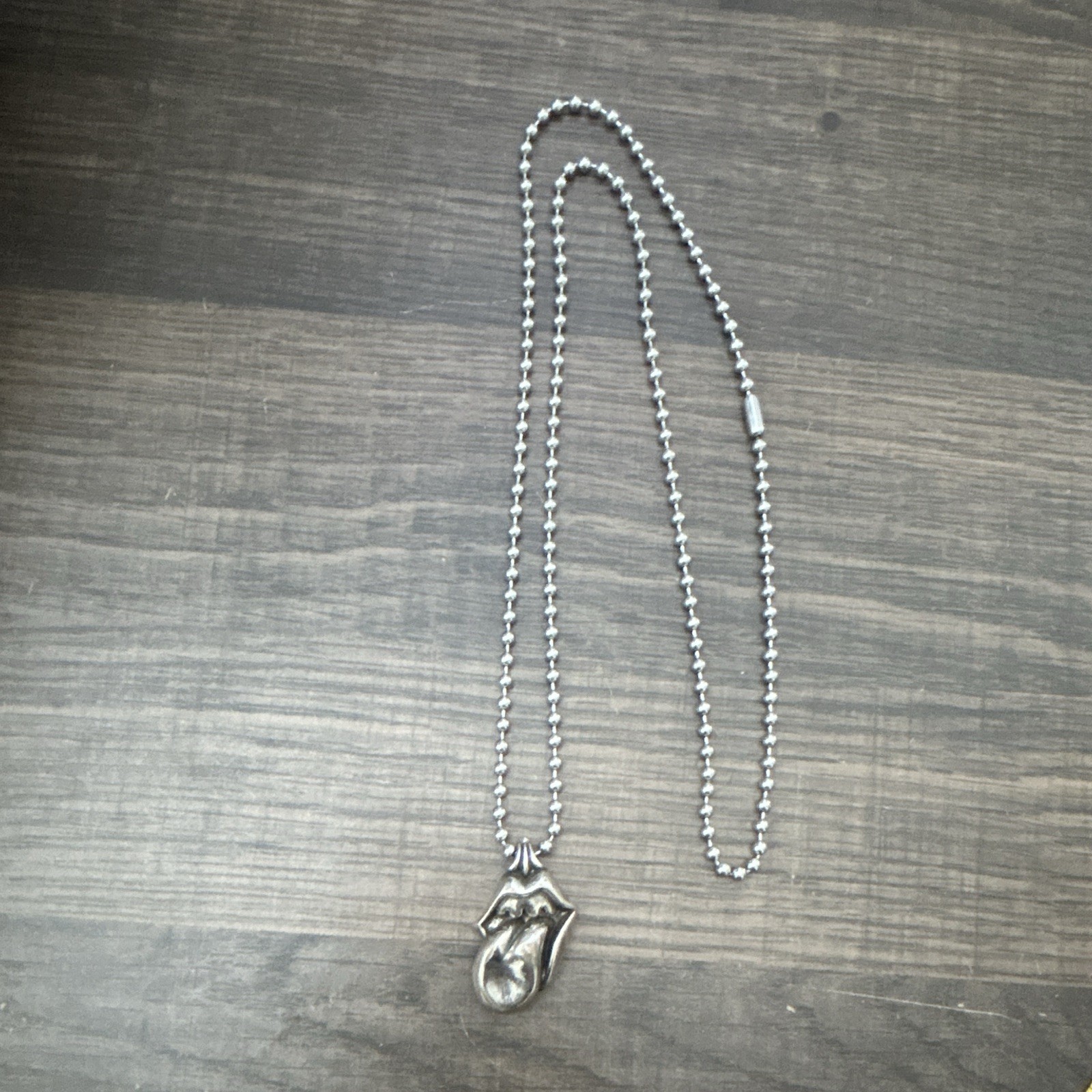 Silver Tone Ball/Bead Chain Necklace Tongue Charm Pendant, Music Theme, Signed