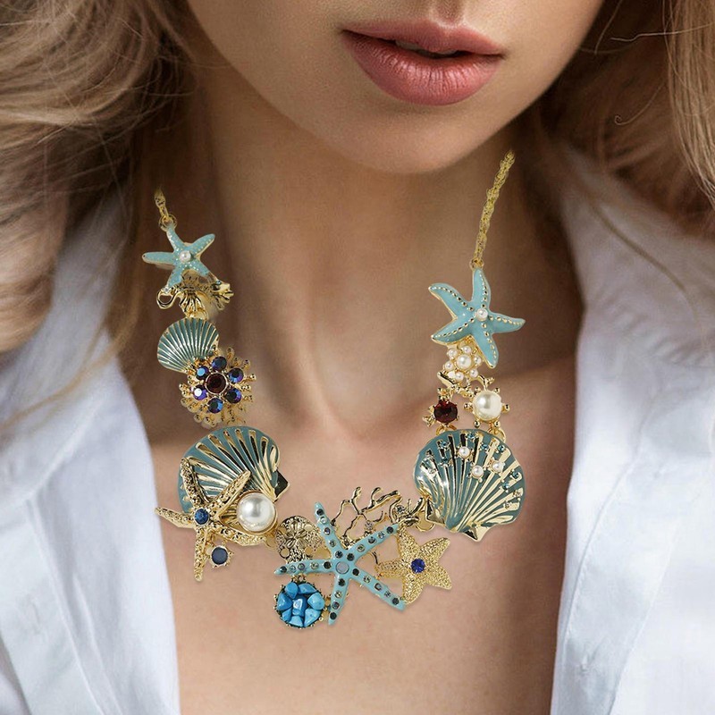 Starfish Seashell Necklace Pearls Beach Nautical Statement Jewelry Pendant Chain