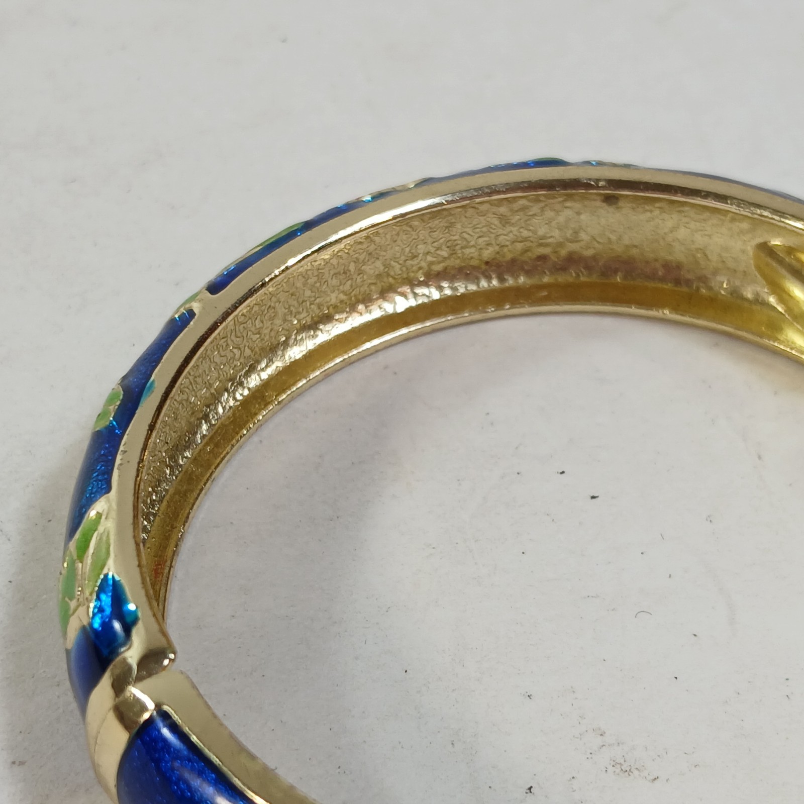 Signed Jiu Long Xing Blue Cloisonné Hinged Bracelet Enamel, Blue Bangle Floral
