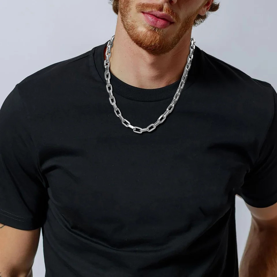 Stainless Steel Necklace Rectangular Link Chunky Heavy Chain Men Jewelry