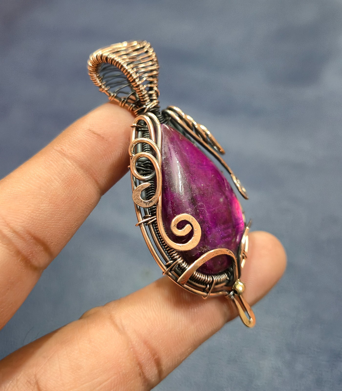Pink Fire Labradorite Pendant Copper Wire Wrapped Jewelry Handmade Gem Jewelry