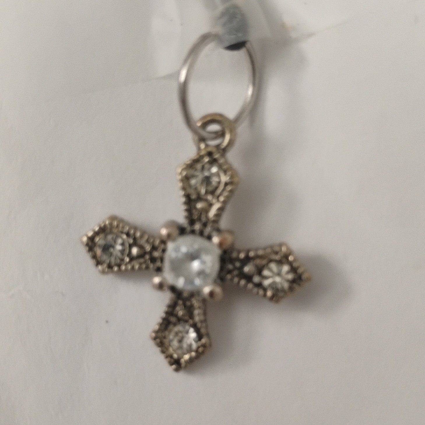 Silver Tone Cross Charm Pendant Cord Necklace, Clear Round Crystal, Lobster