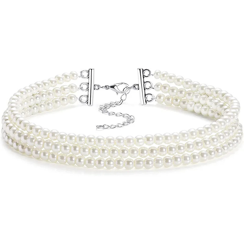 Faux Pearl Layered Collar Choker Necklace Women White Beaded Rope Jewelry