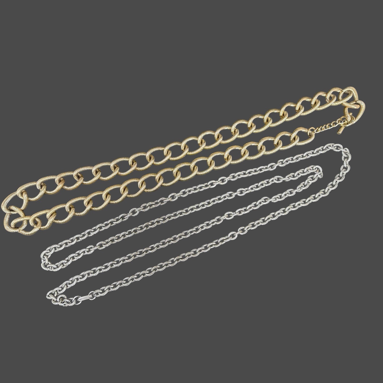 Vintage Lot of 2 Textured Aluminum Chain Link Necklaces Gold Tone & Silver Tone