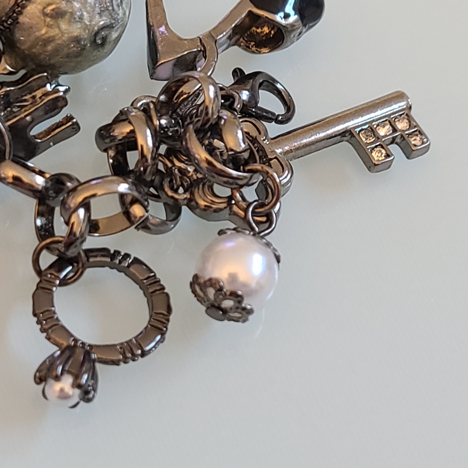 10″ Whimsical Fairytale Charm Bracelet Gunmetal Tone Teapot Frog Mirror Shoe Key