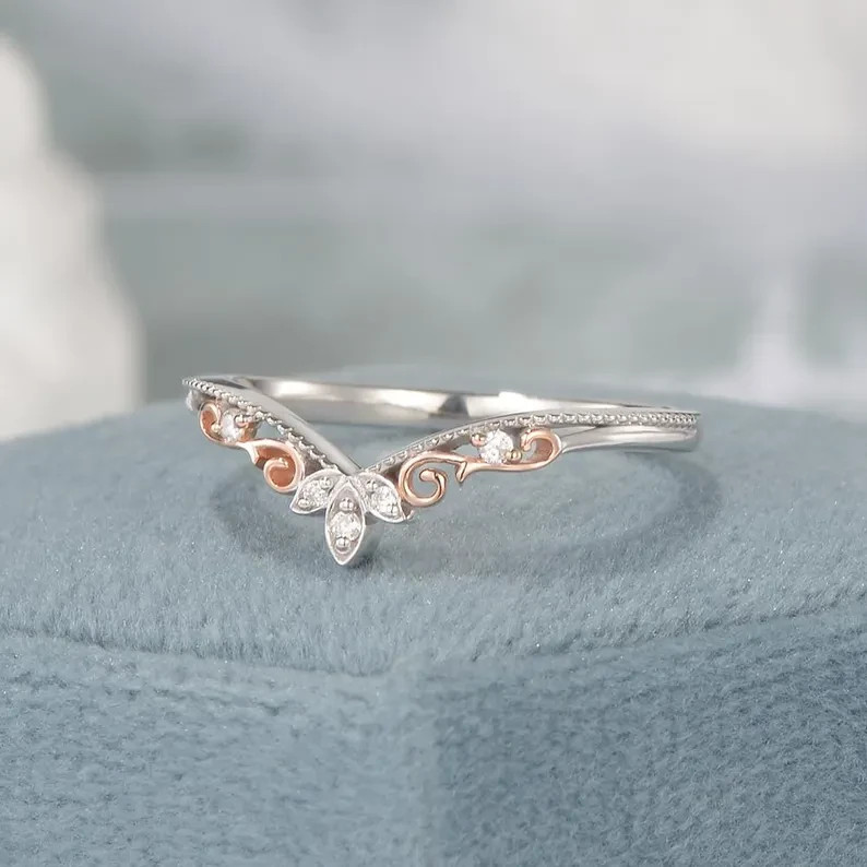 1 Ct Round Simulated Diamond Wedding V-Shape Band Ring 14k Two-Tone Gold Plated