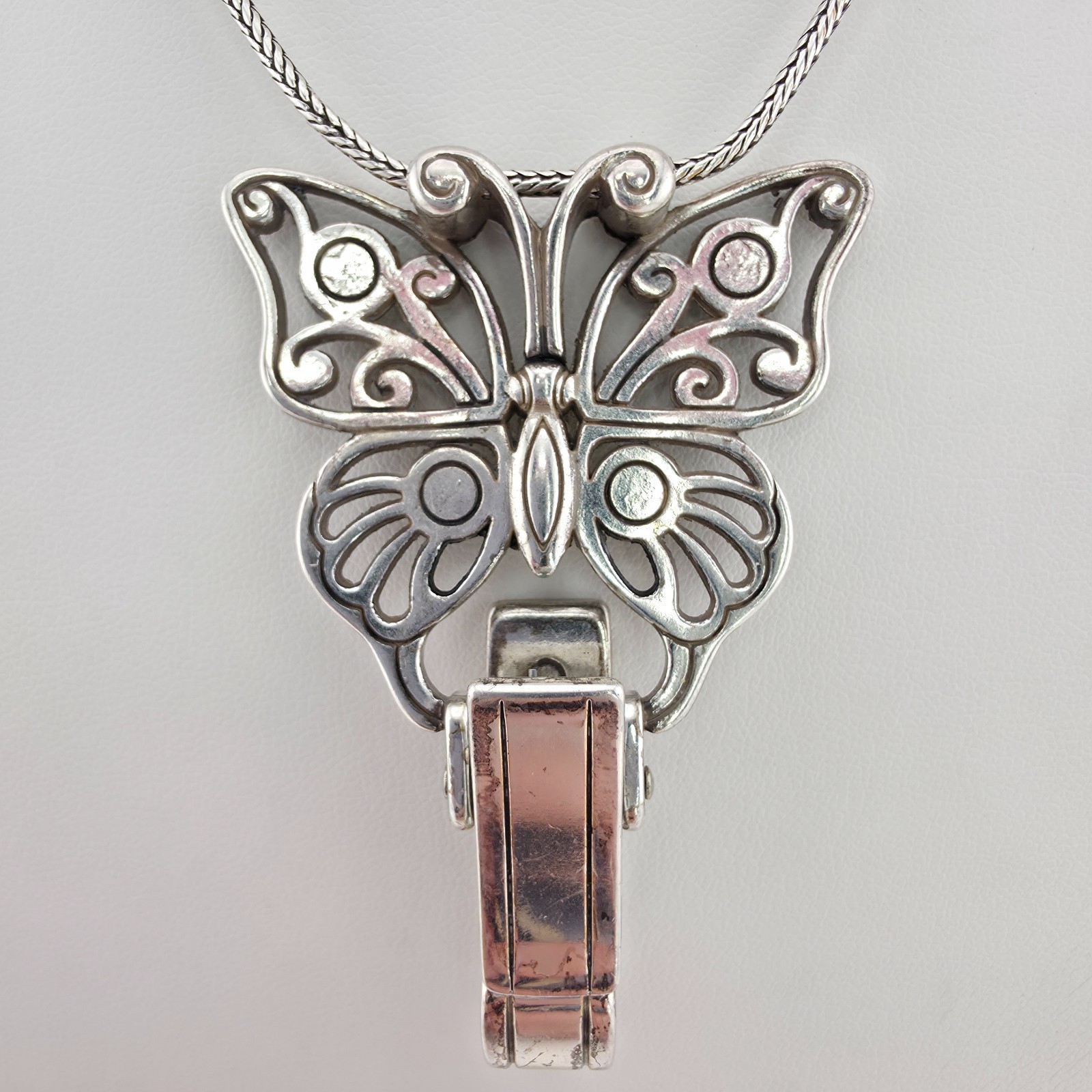 BRIGHTON Butterfly Badge ID Clip Lanyard Necklace Crystal Silver Plate 32″