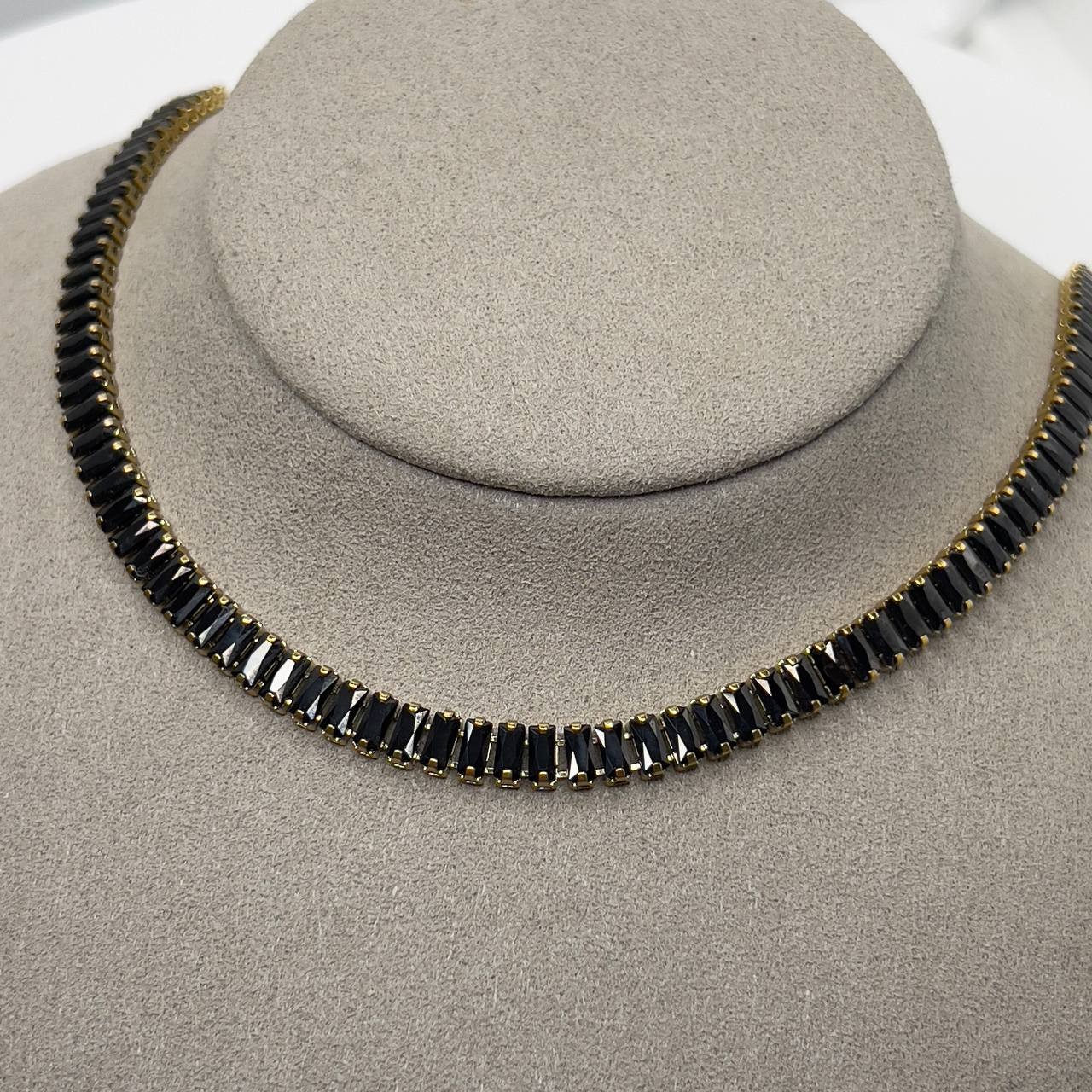 Gold Baguette Tennis Necklace Black Crystal Stainless Steel Choker Necklace