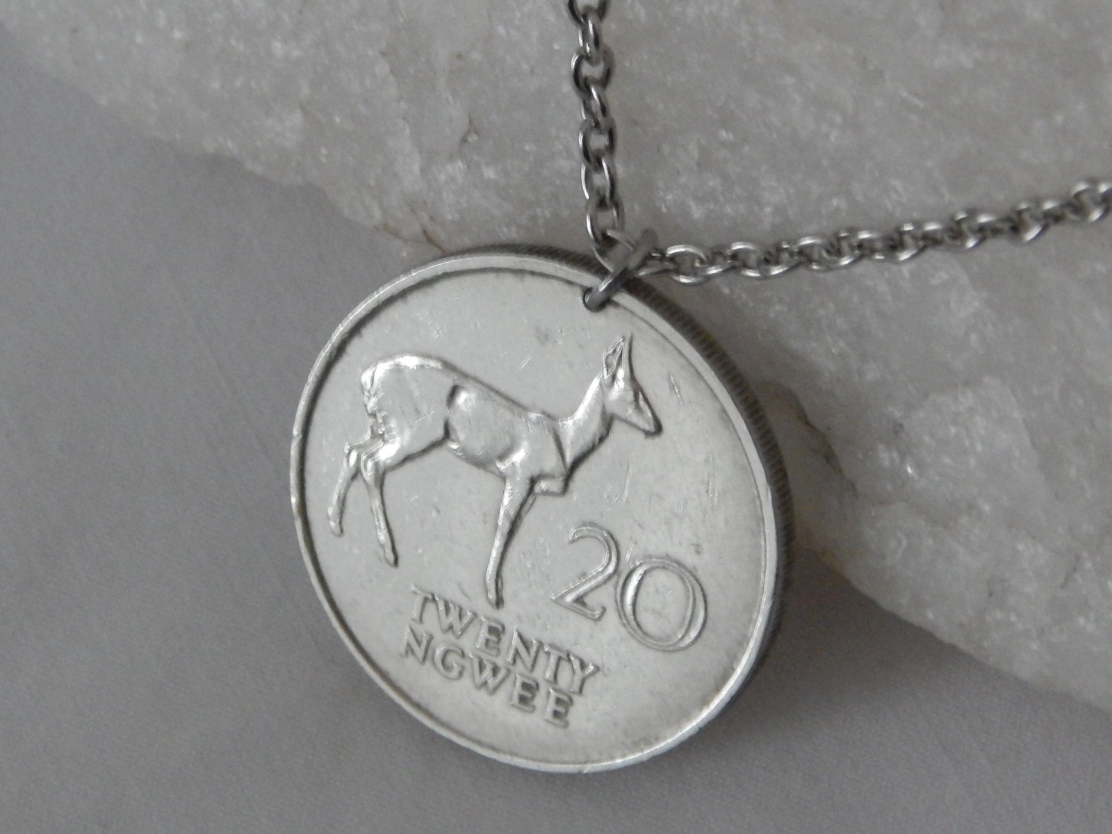 1968 Zambia 20 Ngwee Coin Pendant Necklace Reedbuck Antelope Animal #259