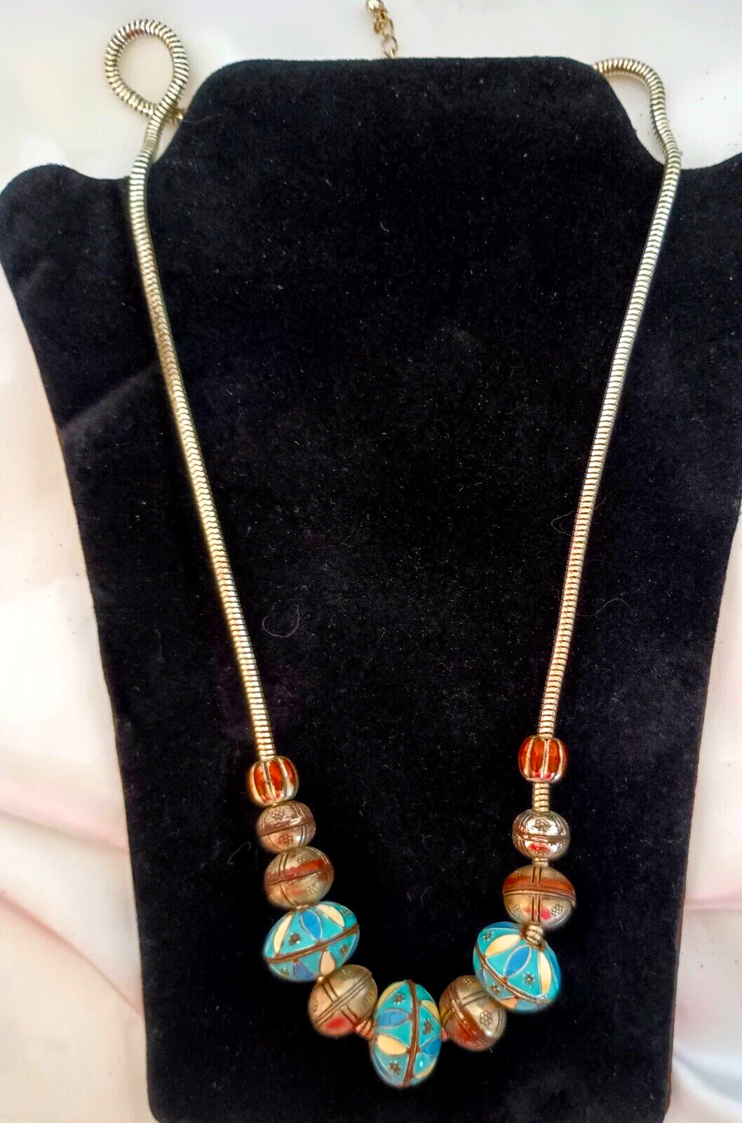 Vintage Fashion Necklace Pretty Enameled Metal Beads on a Silver Tone Chain