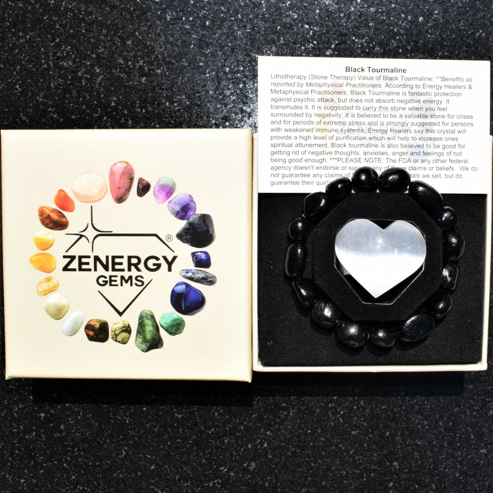 CHARGED 7″ Natural Black Tourmaline Crystal Stretchy Bracelet + Selenite Heart