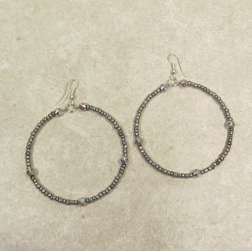 2″ Shiny Silver Color Hoop Bohemian Bling Handmade Bali Seed Bead Earrings