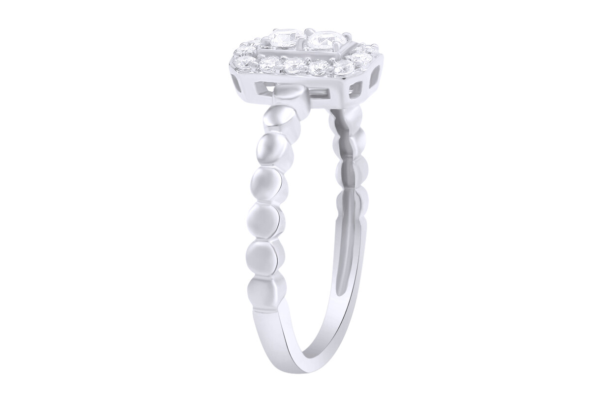 Baguette & Round Cut Simulated Diamond Beaded Halo Ring in 14k White Gold Plated